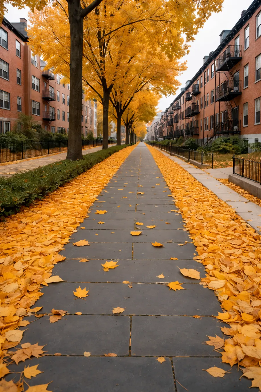 A tree-lined neighborhood sidewalk in autumn