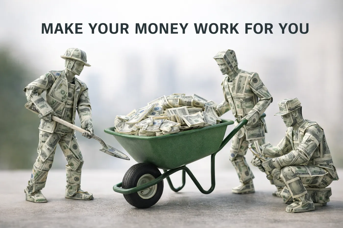 Figures made of dollar bills shoveling money into a wheelbarrow