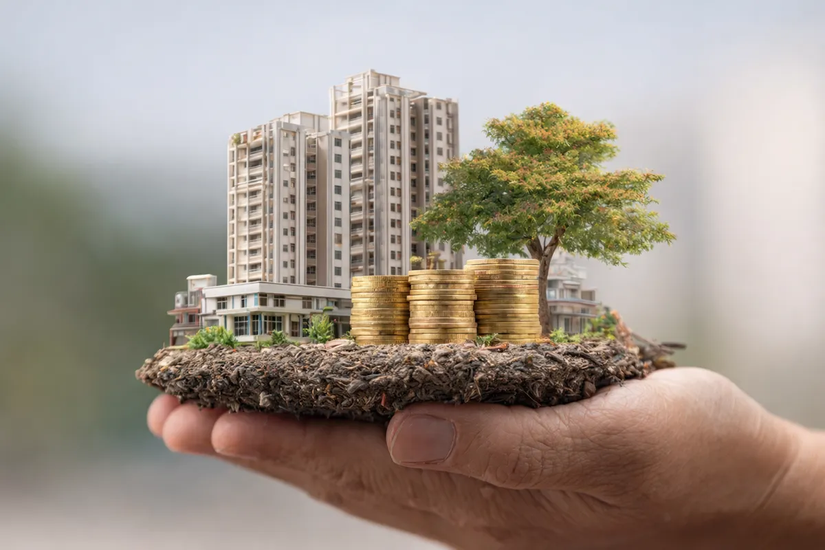 A hand holding a small neighborhood with buildings, a tree and stacks of coins