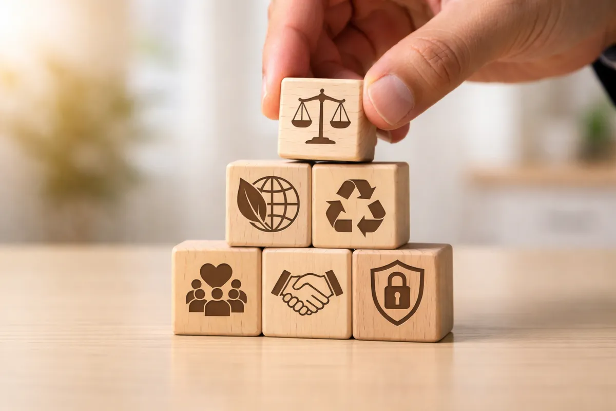 Wooden blocks with icons for justice, community, trust and security